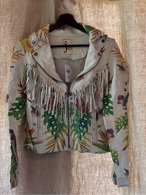 White Floral Fringe Leather Jacket - Women's